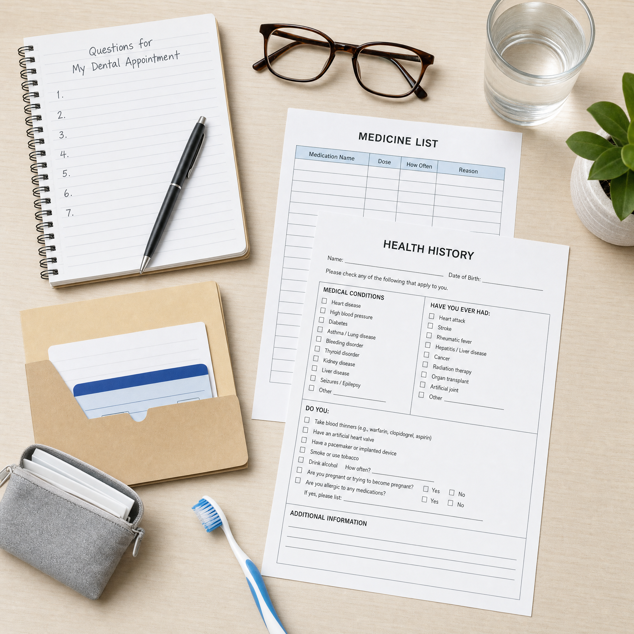 Checklist materials for preparing health information and questions before a dental appointment