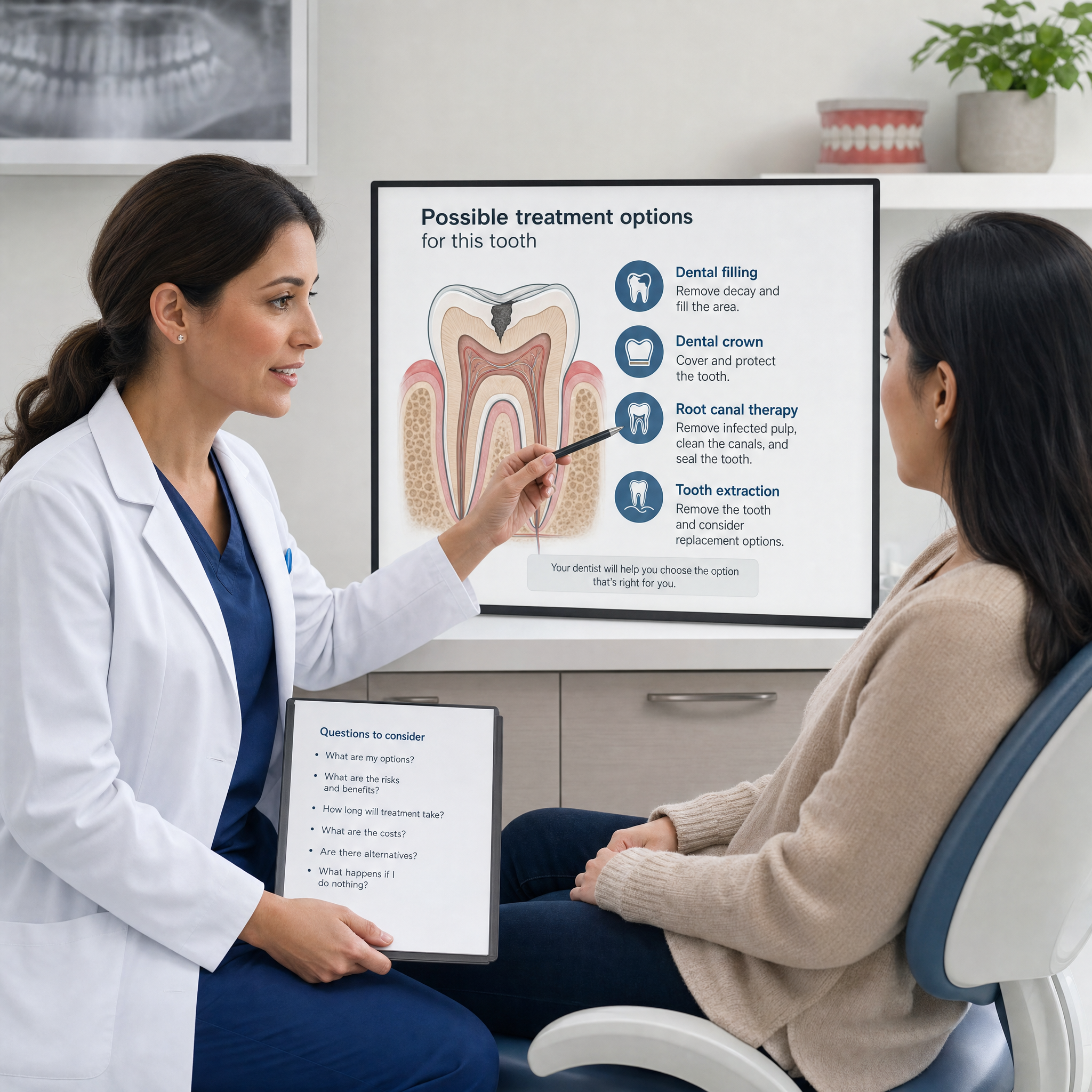 Dentist explaining possible dental care options and questions to a patient