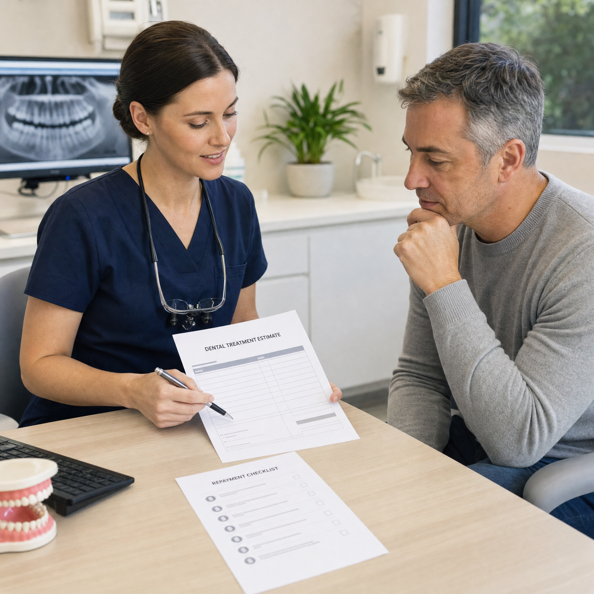 Dentist and patient reviewing a dental treatment estimate and finance checklist before discussing payment options.