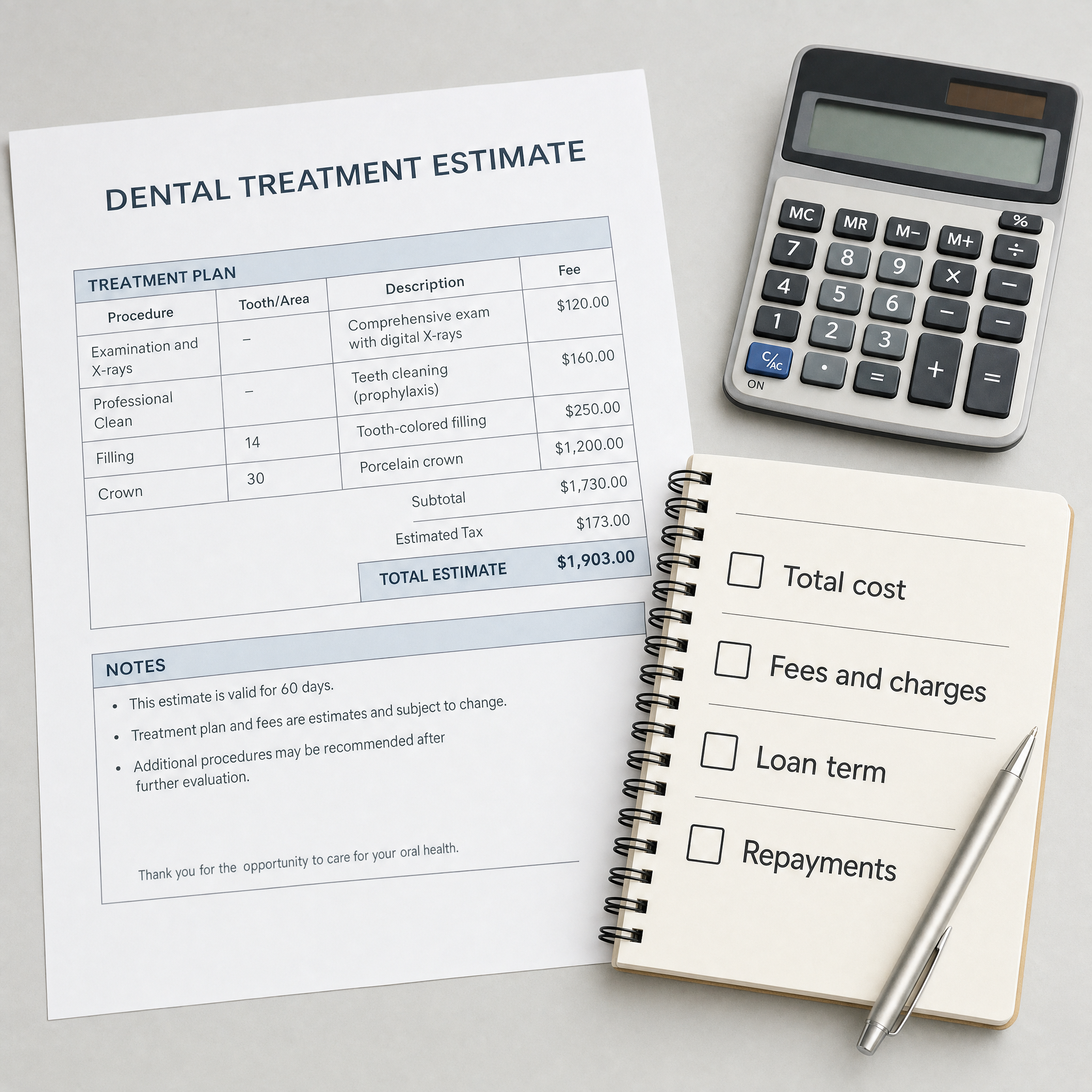 Checklist of total cost, fees, loan term and repayments to review before financing dental treatment.