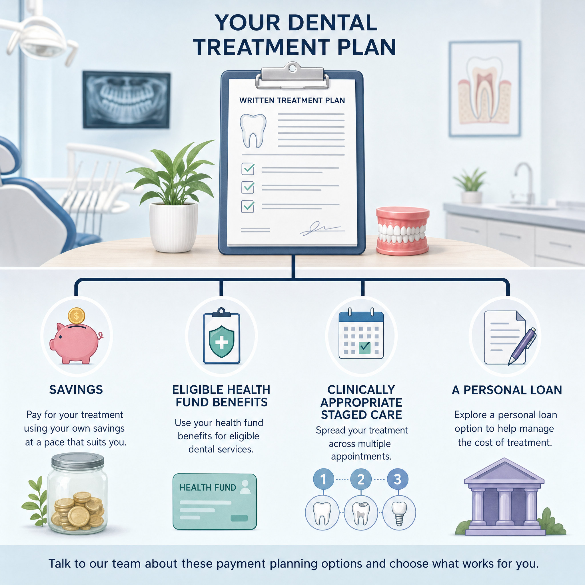 Educational comparison of savings, health fund benefits, staged care and a personal loan for dental costs.